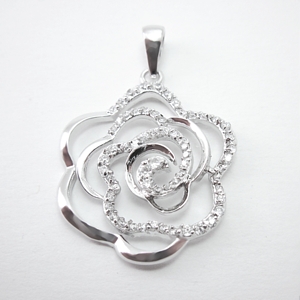 Sterling Open Rose Pendant w/CZ and Rhodiumplate